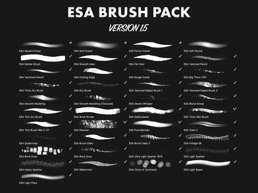 A diagram showing all the brushes in the ESA digital art brush pack